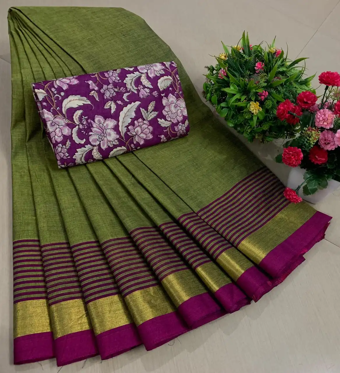 Olive Green Purple Contrast Striped Zari Border Floral Pure Cotton Saree
